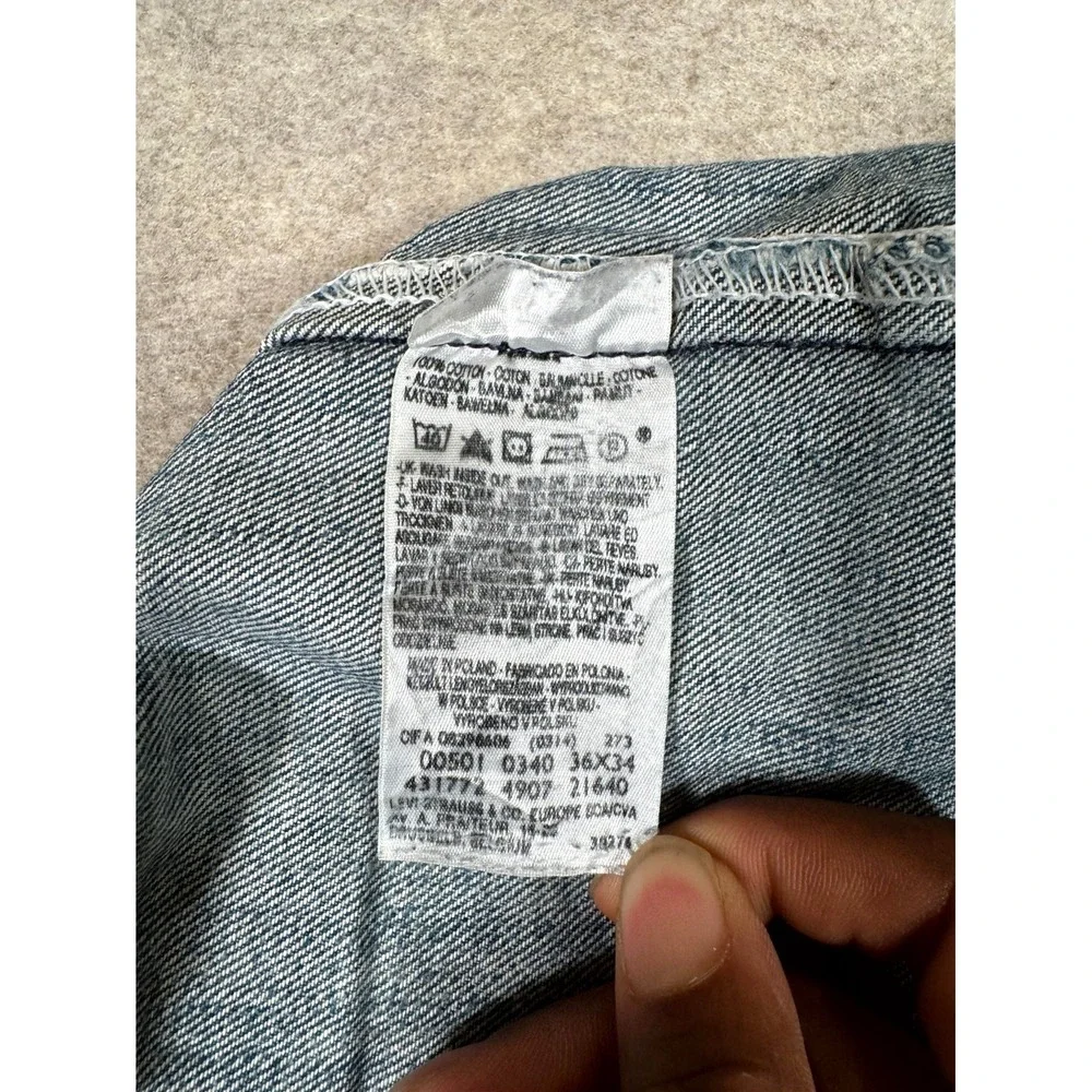Levis 501 Jeans Mens 36x34 Blue Distressed Denim Cotton Button Fly Straight Leg